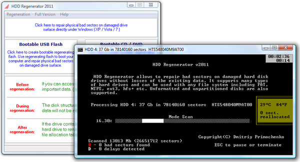 HDD Regenerator repairs bad sectors on hard drive surface.